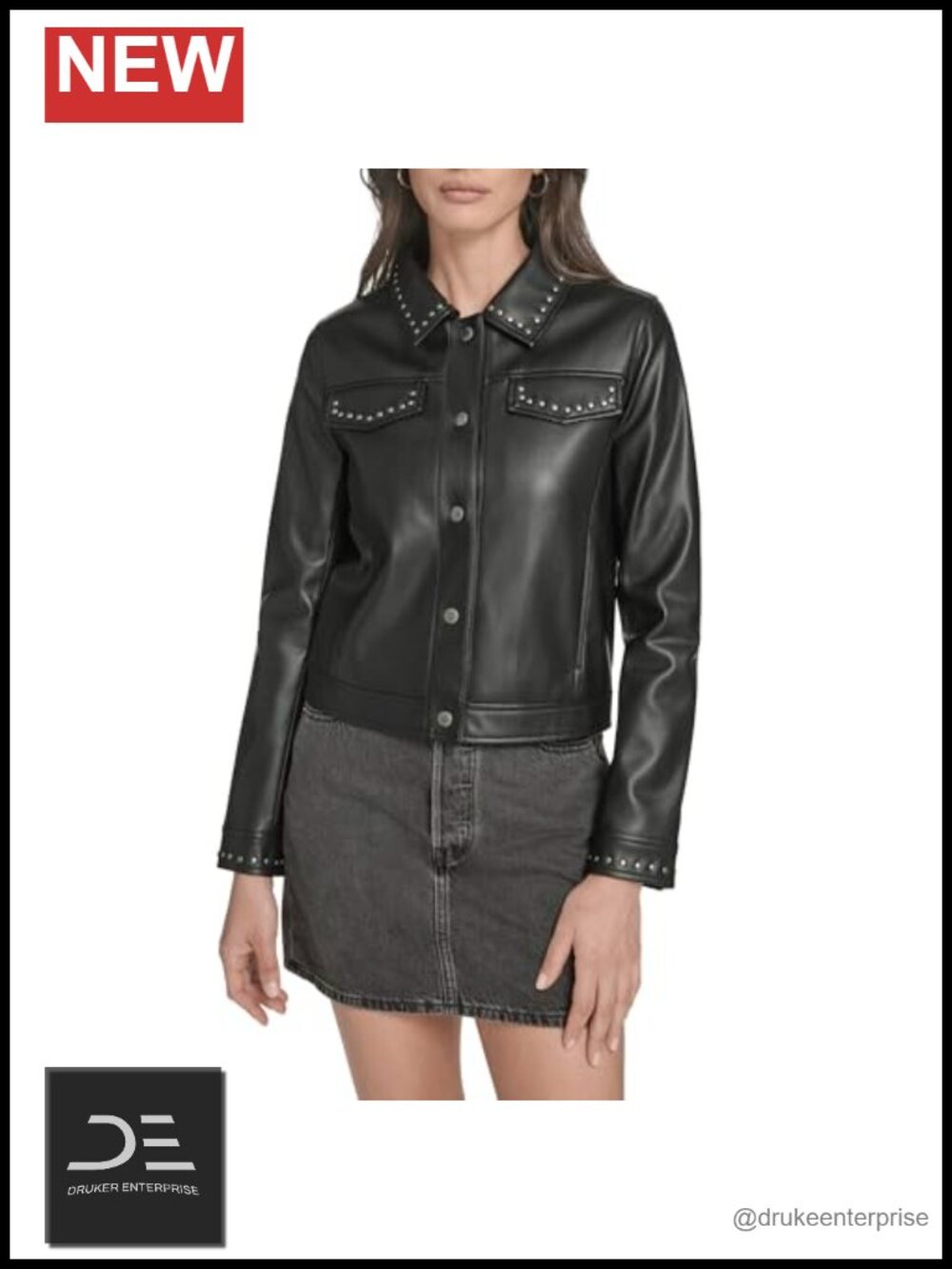 Women's Faux Leather Studded Laydown Collar Snap Jacket